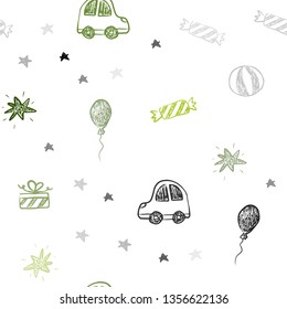 Light Green, Yellow vector seamless template in carnival style. Illustration with a gradient toy car, baloon, candy, star, ball. Design for colorful commercials.