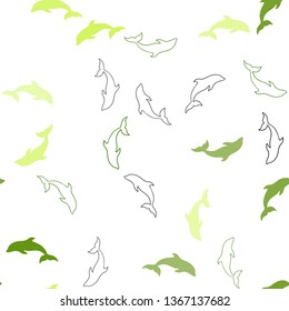 Light Green, Yellow vector seamless texture with dolphins. Natural illustration with sea dolphins. Pattern for wildlife ad, booklets.