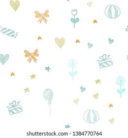 Light Green, Yellow vector seamless background in xmas style. Colorful illustration with aheart, baloon, candy, gift, star, ribbon. Pattern for new year ads.