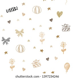 Light Green, Yellow vector seamless layout in new year style. Illustration with a colorfulheart, baloon, candy, gift, star, ribbon. Pattern for new year ads.
