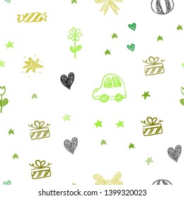 Light Green, Yellow vector seamless backdrop with holiday gifts. Abstract illustration with a toy car, heart, baloon, tulip, candy, ball. Pattern for birthday gifts.