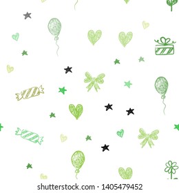 Light Green, Yellow vector seamless template in carnival style. Illustration with a colorfulheart, baloon, candy, gift, star, ribbon. Design for colorful commercials.