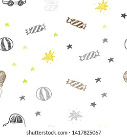 Light Green, Yellow vector seamless layout in new year style. Design in xmas style with a toy car, baloon, candy, star, ball. Pattern for new year ads.
