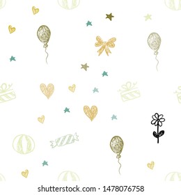 Light Green, Yellow vector seamless pattern in christmas style. Design in xmas style with aheart, baloon, candy, gift, star, ribbon. Template for new year postcards.