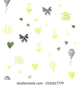 Light Green, Yellow vector seamless pattern in christmas style. Illustration with a gradientheart, baloon, candy, gift, star, ribbon. Pattern for new year ads.