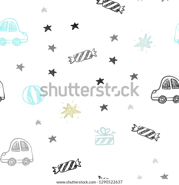 Light Green, Yellow vector seamless\
backdrop in holiday style. Colorful illustration with a toy car,\
baloon, candy, star, ball. Pattern for new year\
ads.