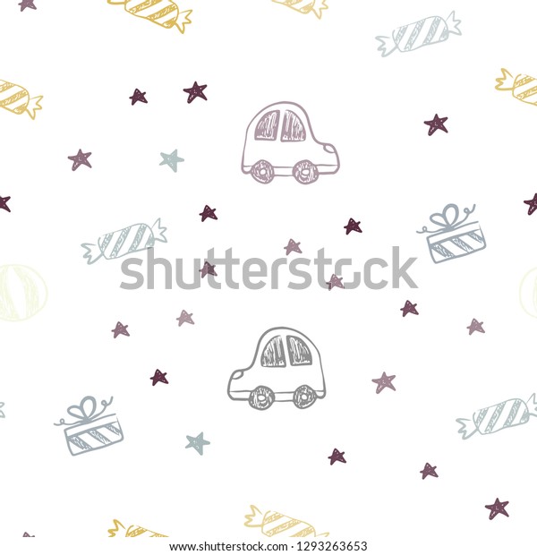 Light Green, Yellow vector seamless\
texture in birthday style. Abstract illustration with a toy car,\
baloon, candy, star, ball. Pattern for birthday\
gifts.