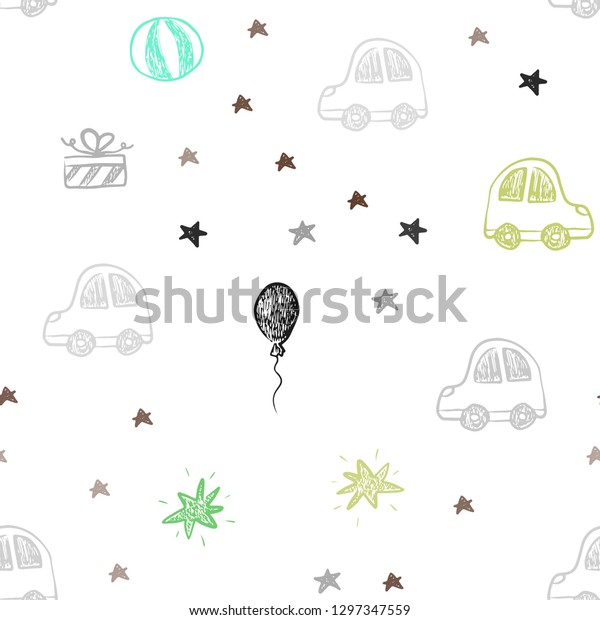 Light Green, Yellow vector\
seamless backdrop in holiday style. Illustration with a colorful\
toy car, baloon, candy, star, ball. Design for holiday\
adverts.