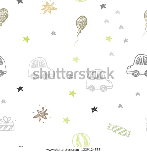 Light Green, Yellow vector\
seamless backdrop in holiday style. Colorful illustration with a\
toy car, baloon, candy, star, ball. Pattern for carnival, festival\
ads.