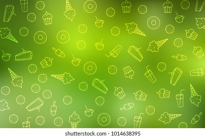 Light Green, Yellow vector template with sweet snacks. Confections on blurred abstract background with colorful gradient. Doodle design for your business advert of cafes.