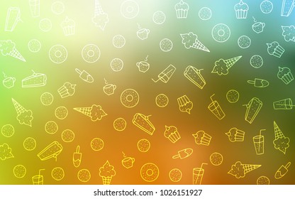 Light Green, Yellow vector template with sweet snacks. Confections on blurred abstract background with colorful gradient. Pattern for ads of breakfast, lunch, dinner.