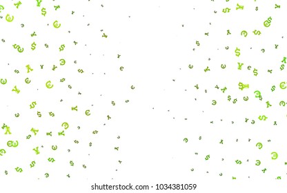 Light Green, Yellow vector template with Euro, Dollar, Yen. Colored symbols of all currency on white background. The pattern can be used for financial, investment websites.