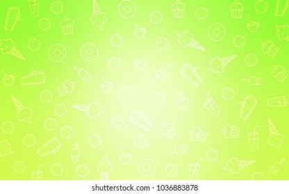 Light Green, Yellow vector template with sweet snacks. Blurred decorative design of desserts in doodle style. Design for ad, poster, banner of cafes or restaurants.