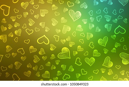 Light Green, Yellow vector template with doodle hearts. Decorative shining illustration with hearts on abstract template. Design for ad, poster, banner of Valentine Day.