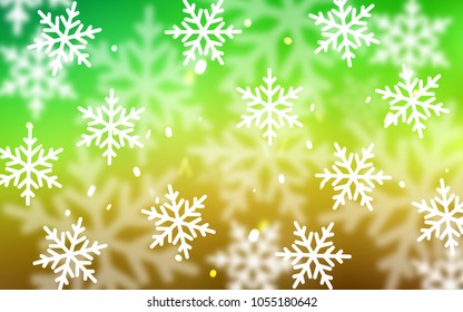 Light Green, Yellow vector template with ice snowflakes. Blurred decorative design in xmas style with snow. The pattern can be used for new year leaflets.