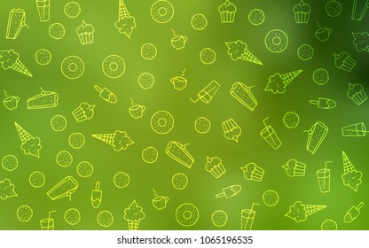 Light Green, Yellow vector template with sweet snacks. Blurred decorative design of desserts in doodle style. Template of children's food in cafe.