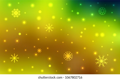 Light Green, Yellow vector template with ice snowflakes. Blurred decorative design in xmas style with snow. The pattern can be used for year new  websites.