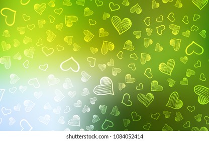 Light Green, Yellow vector template with doodle hearts. Hearts on blurred abstract background with colorful gradient. Template for Valentine's greeting postcards.