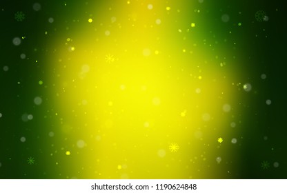 Light Green, Yellow vector template with ice snowflakes. Blurred decorative design in xmas style with snow. The pattern can be used for new year ad, booklets.