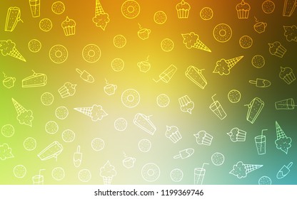 Light Green, Yellow vector template with sweet snacks. Blurred decorative design of desserts in doodle style. Pattern for ad, booklets, leaflets of restaurants.
