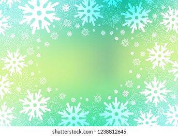 Light Green, Yellow vector template with ice snowflakes. Snow on blurred abstract background with gradient. The pattern can be used for new year ad, booklets.