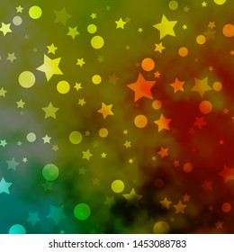 Light Green, Yellow vector template with circles, stars. Glitter abstract illustration with colorful drops, stars. Design for textile, fabric, wallpapers.