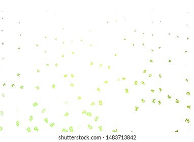Light Green, Yellow vector template with currency. Shining colored illustration with currency signs. Template for ads of currency markets, bank loans.