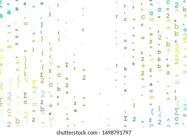 Light Green, Yellow vector template with math simbols. Modern geometrical illustration with numerals. Pattern for school, grammar websites.
