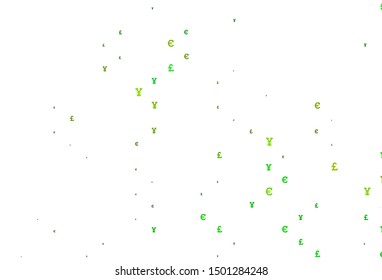 Light Green, Yellow vector template with EUR, JPY, GBP. Colored symbols of all currency on white background. Best design for your ad, poster, banner of money.