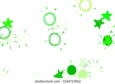 Light Green, Yellow vector template with doodle stars, suns. Glitter abstract illustration with colored stars, suns. Best design for your ad, poster, banner.