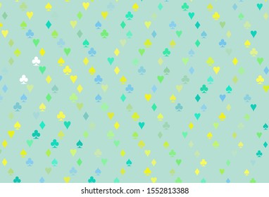 Light Green, Yellow vector template with poker symbols. Glitter abstract sketch with isolated symbols of playing cards. Design for ad, poster, banner of gambling websites.