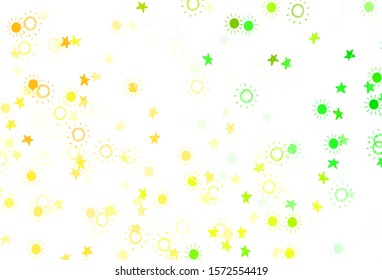 Light Green, Yellow vector template with doodle stars, suns. Blurred decorative design in simple style with stars, suns. Template for cosmic backgrounds.