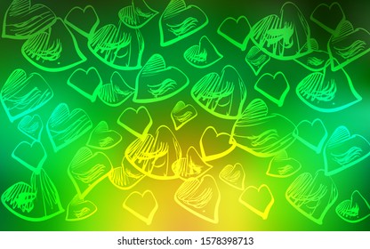 Light Green, Yellow vector template with doodle hearts. Blurred decorative design in doodle style with hearts. Design for ad, poster, banner of Valentine Day.