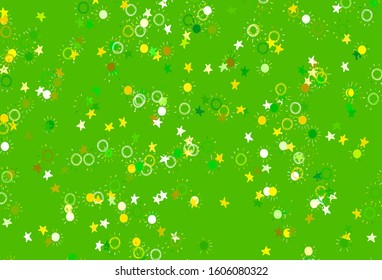 Light Green, Yellow vector template with doodle stars, suns. Shining illustration with stars, suns on abstract template. Best design for your ad, poster, banner.