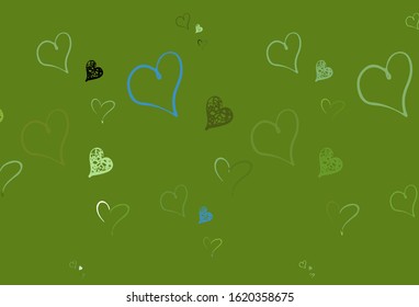 Light Green, Yellow vector template with doodle hearts. Shining illustration with hearts on abstract template. Design for a business advert of anniversary.