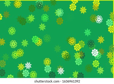 Light Green, Yellow vector template with ice snowflakes. Shining colored illustration with snow in christmas style. The pattern can be used for year new  websites.