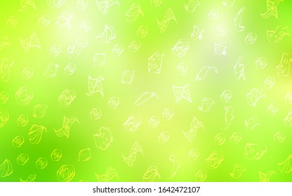 Hellgrüne, gelbe Vektorillustration mit biologischem Essen. Schöne farbige Illustration mit Essen im Doodle-Stil. Muster für die Speisekarte von Cafés, Bars, Restaurants.