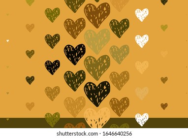Hellgrüne, gelbe Vektorillustration-Vorlage mit doodle Herzen. Schöne abstrakte Herzen auf buntem Farbverlauf-Hintergrund. Muster für Ehegeschenke, Glückwünsche.