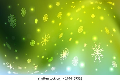 Planta vectorial amarillo verde claro con copos de nieve. Nieve sobre fondo abstracto borroso con gradiente. El patrón se puede usar para año nuevos sitios web.