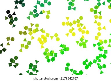 Verde claro, plantilla vectorial amarilla con cristales, círculos, cuadrados. Ilustración abstracta brillante con esferas, cuadrados, líneas. Diseño inteligente para su anuncio comercial.