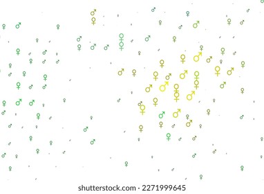 Plantilla vectorial verde claro, amarillo con símbolos masculinos y femeninos. Ilustración inteligente en el estilo de gradiente colorido con signos de género. Diseño básico para sitios web de citas.