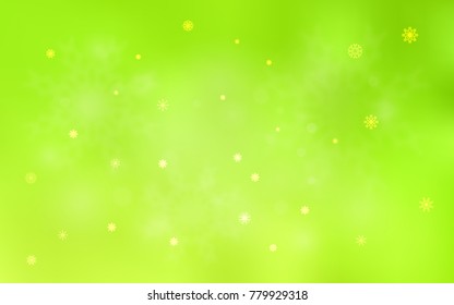 Light Green, Yellow vector template with ice snowflakes. Snow on blurred abstract background with gradient. The template can be used as a new year background.