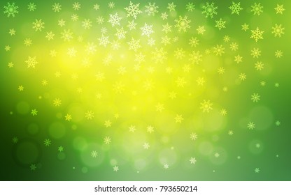 Light Green, Yellow vector template with ice snowflakes. Decorative shining illustration with snow on abstract template. New year design for your ad, poster, banner.