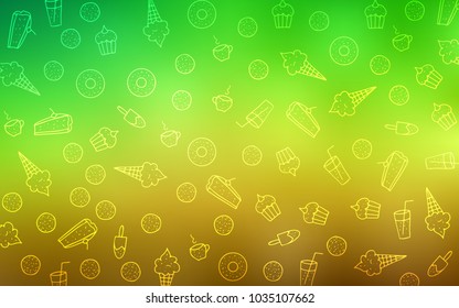 Light Green, Yellow vector texture with sweets, candies. Blurred decorative design of desserts in doodle style. Design for ad, poster, banner of cafes or restaurants.