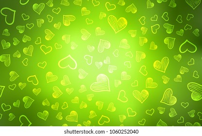 Light Green, Yellow vector texture with lovely hearts. Decorative shining illustration with hearts on abstract template. Pattern for marriage gifts, congratulations.