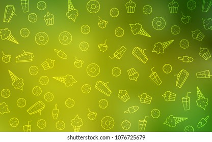 Light Green, Yellow vector texture with sweets, candies. Glitter abstract sketch with sweets, candies, desserts. Pattern for ad, booklets, leaflets of restaurants.