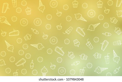 Light Green, Yellow vector texture with sweets, candies. Glitter abstract sketch with sweets, candies, desserts. Template of children's food in cafe.