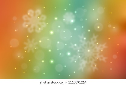 Light Green, Yellow vector texture with colored snowflakes. Shining colored illustration with snow in christmas style. The pattern can be used for new year leaflets.