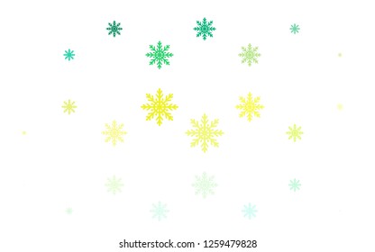 Light Green, Yellow vector texture with colored snowflakes. Snow on blurred abstract background with gradient. New year design for your ad, poster, banner.