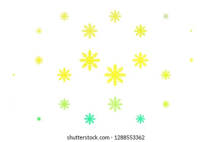 Light Green, Yellow vector texture with colored snowflakes. Decorative shining illustration with snow on abstract template. The pattern can be used for new year ad, booklets.